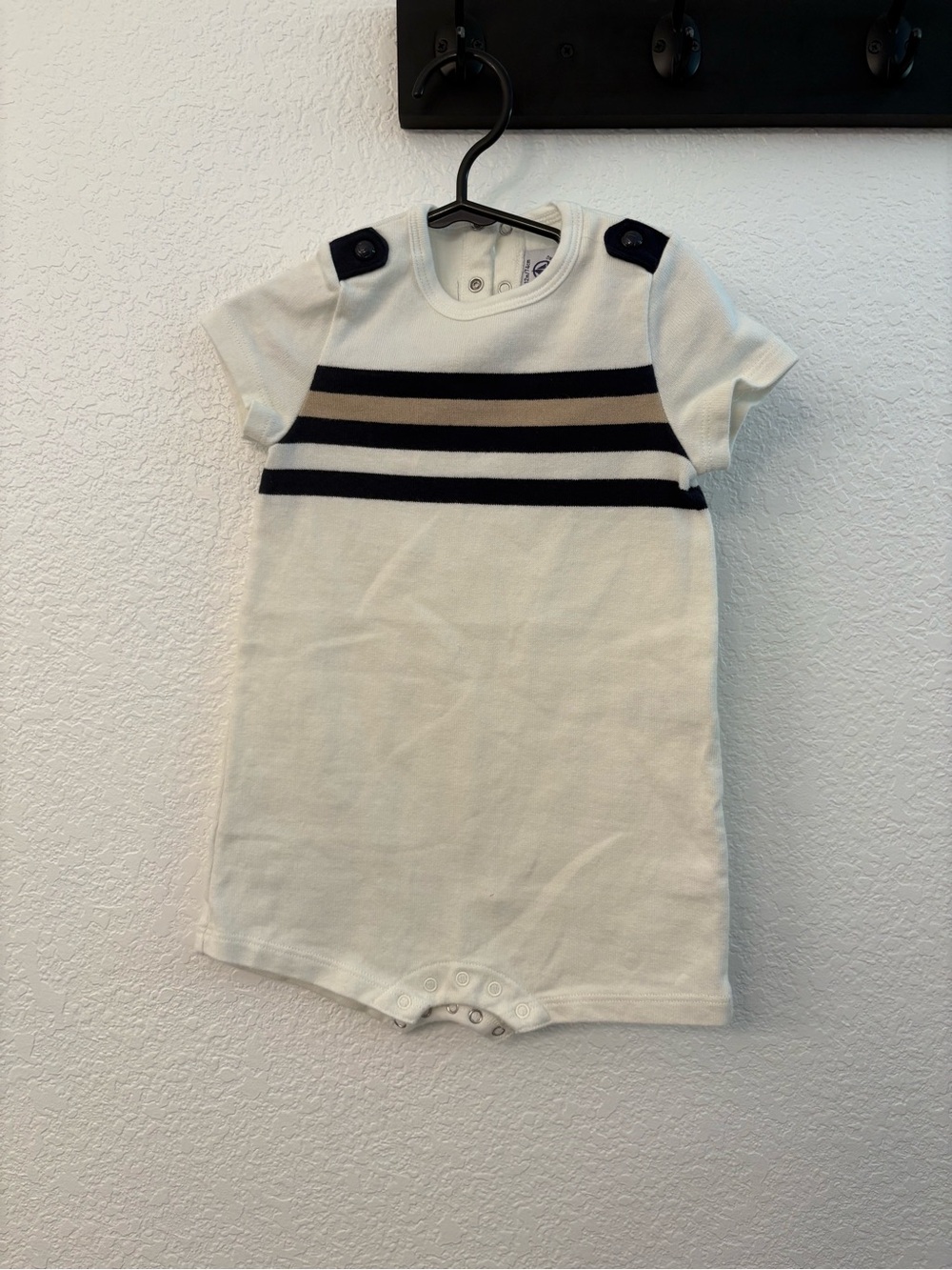 Petit Bateau Cream Romper with Navy and Tan Stripes
